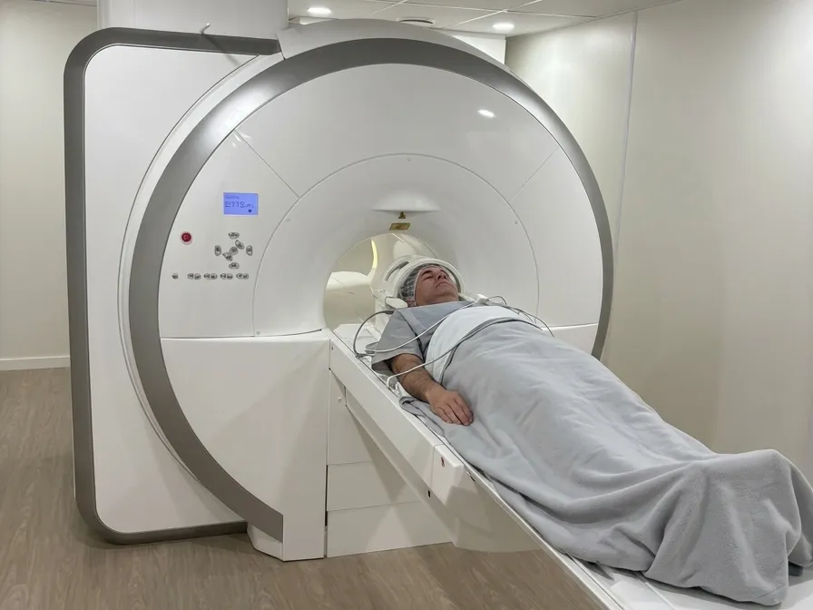 Paciente deitado na mesa de um equipamento de ressonância magnética, em sala de exame
