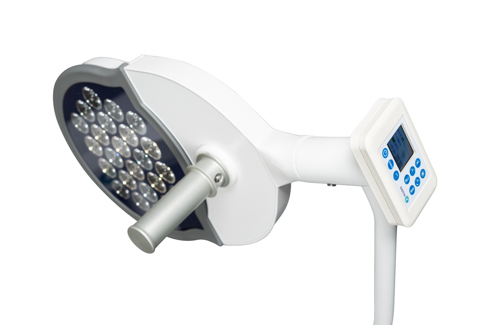 Cabeça do foco cirúrgico de LED Oqtis com painel de comando integrado, mostrando o array de LEDs