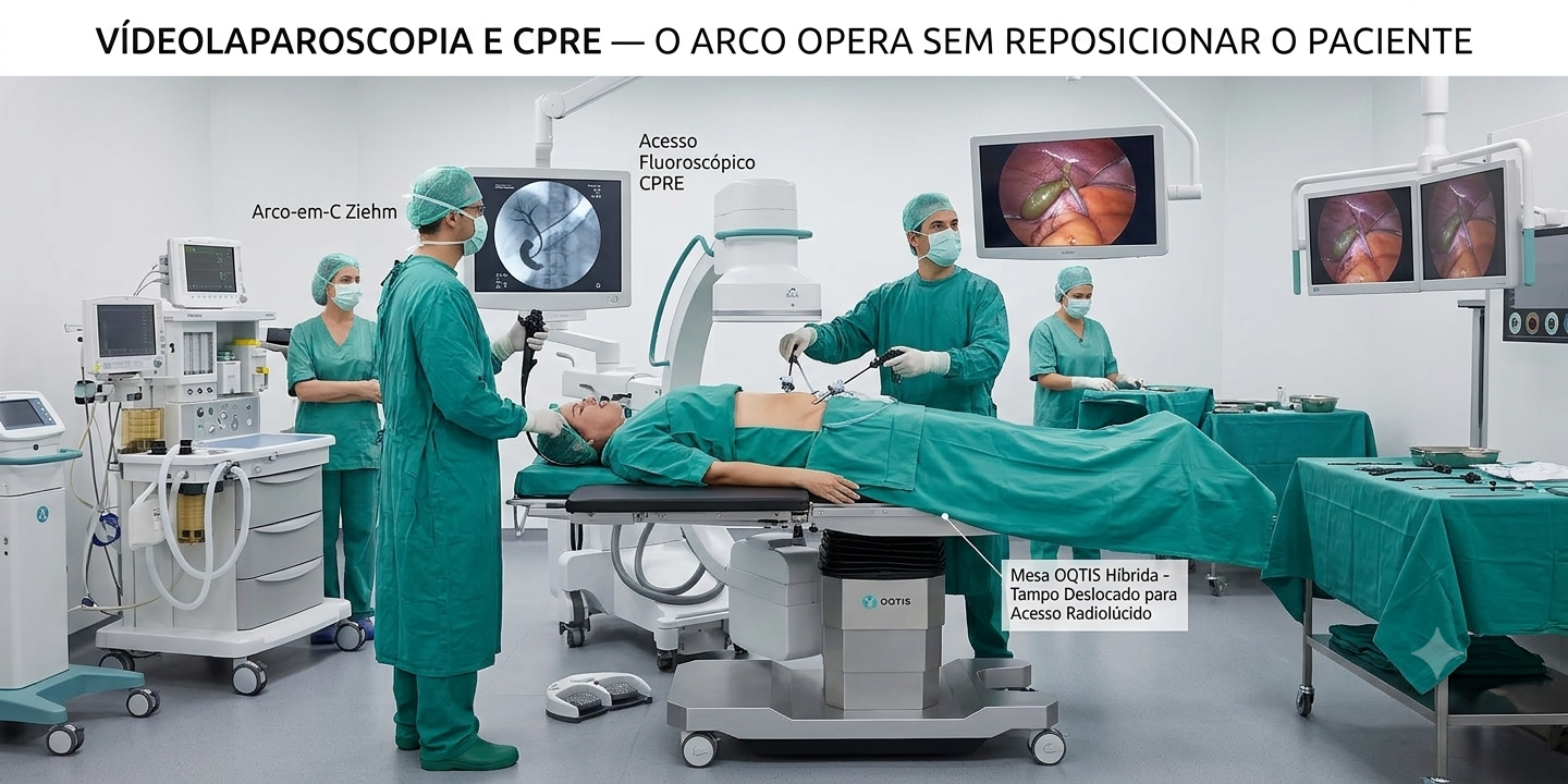 Vídeolaparoscopia e CPRE — o arco opera sem reposicionar o paciente