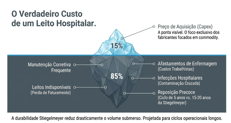 Infográfico iceberg do custo total de propriedade de uma cama hospitalar: 15% é o preço de aquisição visível, 85% está submerso em manutenção corretiva, leitos indisponíveis, infecções hospitalares, afastamento de enfermagem e reposição precoce